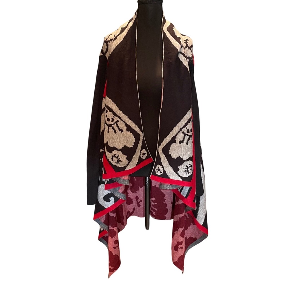Alberto Makali Wool Blend Open Front Cardigan Black Red Intarsia XL Art to Wear